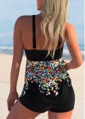 Black swimwear,Ditsy Floral swimwear,ROTITA Ditsy Floral Print Wide Strap Black Tankini Top