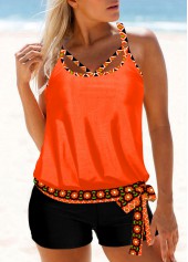 Bowknot Side Tribal Print Orange Tankini Set