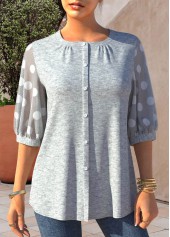 ROTITA Polka Dot Grey Marl Fabric Splicing Blouse