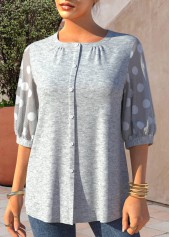 Light Grey Marl tops,Dot tops,ROTITA Polka Dot Grey Marl Fabric Splicing Blouse