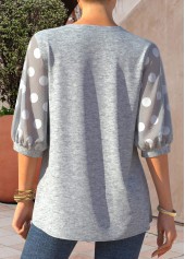 Light Grey Marl tops,Dot tops,ROTITA Polka Dot Grey Marl Fabric Splicing Blouse