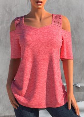 ROTITA Lace Stitching Cold Shoulder Pink T Shirt