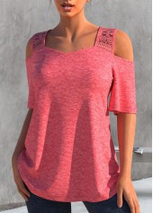 Pink tops,Plain Color tops,ROTITA Lace Stitching Cold Shoulder Pink T Shirt