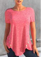 ROTITA Decorative Button Pink Round Neck T Shirt