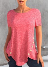 Pink tops,Plain Color tops,ROTITA Decorative Button Pink Round Neck T Shirt