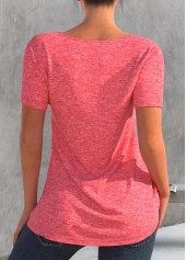 Pink tops,Plain Color tops,ROTITA Decorative Button Pink Round Neck T Shirt