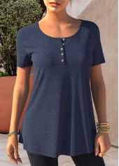 Marineblaues Rotita-Kurzarm-T-Shirt mit Knopfdetail