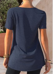 Navy tops,Plain Color tops,ROTITA Navy Blue Button Detail Short Sleeve T Shirt