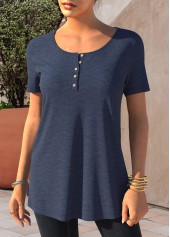 Navy tops,Plain Color tops,ROTITA Navy Blue Button Detail Short Sleeve T Shirt