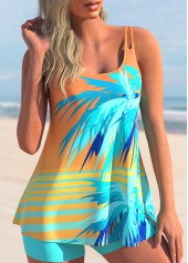 Orange swimwear,Striped swimwear,ROTITA Coral Orange Contrast Coconut Tree Print Tankini Set