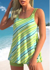 Mustard Yellow swimwear,Striped swimwear,ROTITA Stripe Print Loose Sickly Yellow Tankini Set