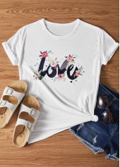 Letter Print Round Neck Short Sleeve White T Shirt