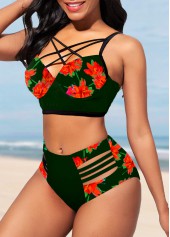 Green swimwear,Floral swimwear,ROTITA Floral Print Cage Neck Black Bikini Set