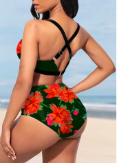 Green swimwear,Floral swimwear,ROTITA Floral Print Cage Neck Black Bikini Set