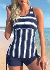 ROTITA Navy Blue Striped Wide Strap Tankini Set
