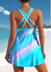 Cyan swimwear,Striped swimwear,ROTITA Cross Strap Striped Cyan Swimdress Top