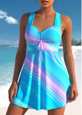 Cyan swimwear,Striped swimwear,ROTITA Cross Strap Striped Cyan Swimdress Top