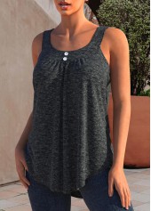 Dark Grey tops,Plain Color tops,ROTITA Decorative Button Dark Grey Wide Strap Tank Top