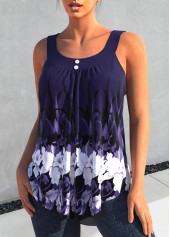 Floral tops,ROTITA Floral Print Deep Purple Round Neck Tank Top
