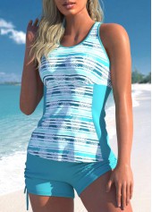 Light Blue swimwear,Striped swimwear,ROTITA Sky Blue Stripe and Tropical Print Tankini Set