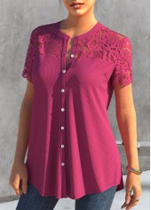 Hot Pink tops,Plain Color tops,ROTITA Lace Patchwork Rose Red Short Sleeve Blouse