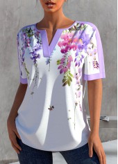 White tops,Floral tops,ROTITA Floral Print White Split Neck Blouse