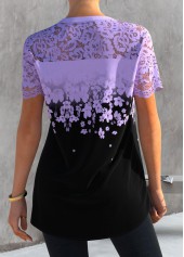Light Purple tops,Floral tops,ROTITA Floral Print Light Purple Lace Patchwork Blouse