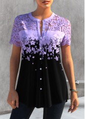 ROTITA Floral Print Light Purple Lace Patchwork Blouse