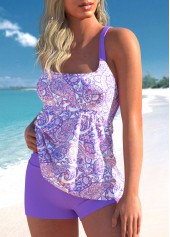 Light Purple swimwear,Paisley swimwear,ROTITA Paisley Print Wide Strap Light Purple Tankini Set