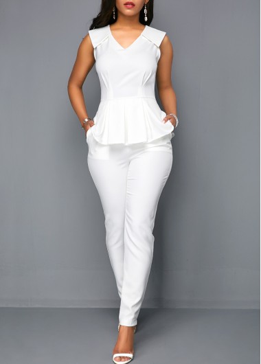 White jumpsuits & rompers,Plain Color jumpsuits & rompers,ROTITA V Neck Sleeveless White Peplum Jumpsuit