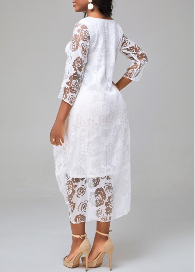 White dresses,Floral dresses,ROTITA Mesh Stitching White Sheer Floral Print Asymmetric Hem Dress