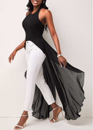 Black tops,Plain Color tops,ROTITA High Low Hem Halter Black Blouse