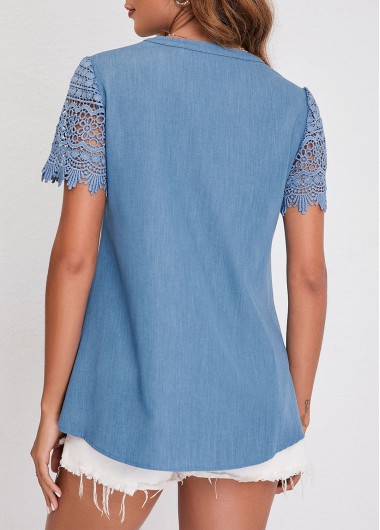 Denim Blue tops,Plain Color tops,ROTITA Faux Denim Split Neck Lace Patchwork Blouse