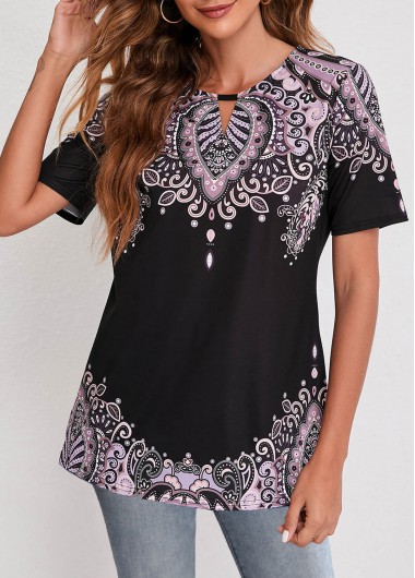 Black tops,Tribal tops,ROTITA Tribal Print Black Short Sleeve T Shirt