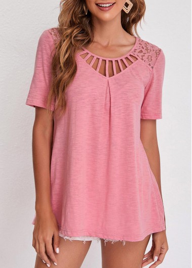 Pink tops,Plain Color tops,ROTITA Pink Cage Neck Lace Patchwork T Shirt