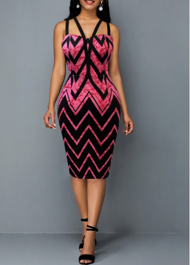 Hot Pink dresses,Chevron dresses,ROTITA Geometric Print Double Straps Hot Pink Dress