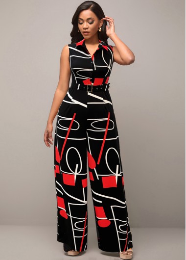 Black jumpsuits & rompers,Geometric jumpsuits & rompers,ROTITA Belted Geometric Print Turndown Collar Black Jumpsuit