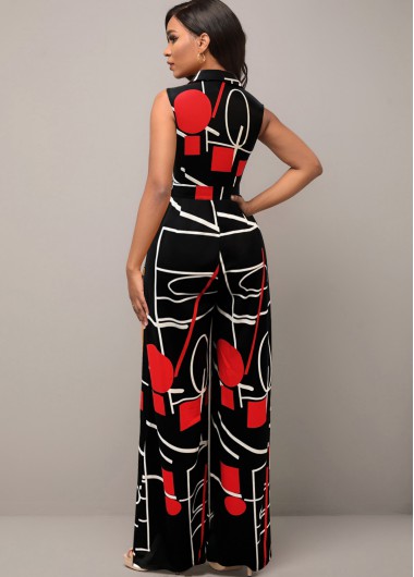 Black jumpsuits & rompers,Geometric jumpsuits & rompers,ROTITA Belted Geometric Print Turndown Collar Black Jumpsuit