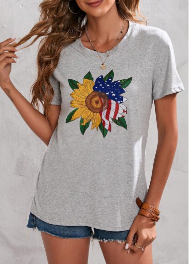 Light Grey tops,Flag tops,Short Sleeve American Flag Print Light Grey T Shirt
