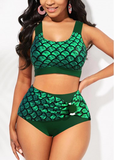 Green swimwear,Animal Print swimwear,ROTITA High Waisted Scale Print Wide Strap Bikini Set