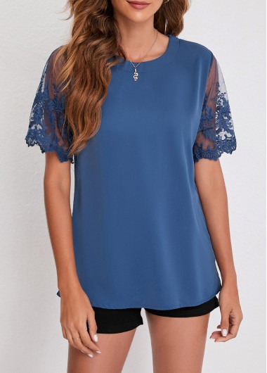 Blue tops,Plain Color tops,Blue Mesh Stitching Lace Patchwork T Shirt
