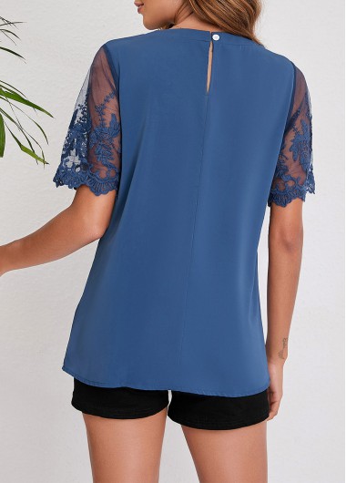 Blue tops,Plain Color tops,Blue Mesh Stitching Lace Patchwork T Shirt