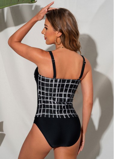 Black swimwear,Plaid swimwear,Wide Strap Plaid Black Cutout Tankini Set