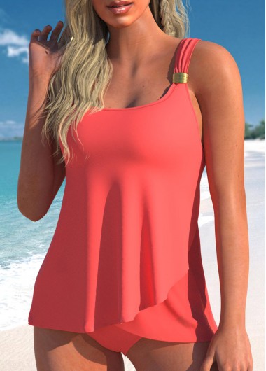 Coral swimwear,Plain Color swimwear,ROTITA Metal Detail Coral Red Wide Strap Tankini Set