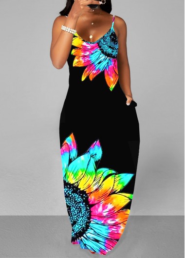 Black dresses,Floral dresses,ROTITA Black Floral Print Spaghetti Strap Maxi Dress