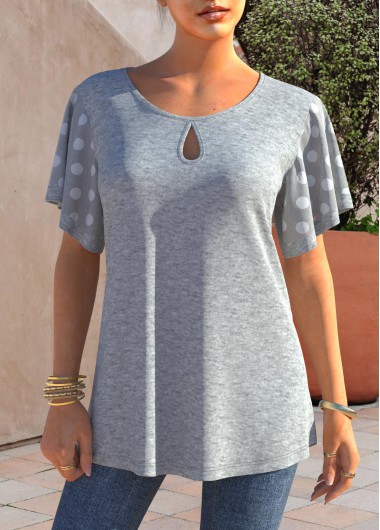 Light Grey Marl tops,Dot tops,ROTITA Keyhole Neckline Polka Dot Grey Marl T Shirt