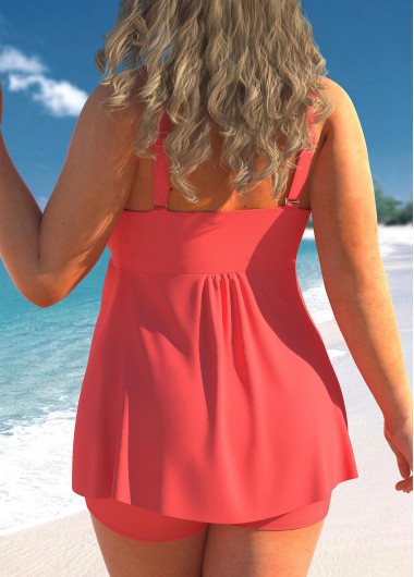 Coral plus size,Plain Color plus size,ROTITA Plus Size Coral Red Cross Strap Tankini Set