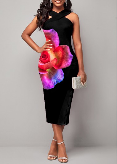 Black dresses,Floral dresses,ROTITA Floral Print Criss Cross Neck Black Dress