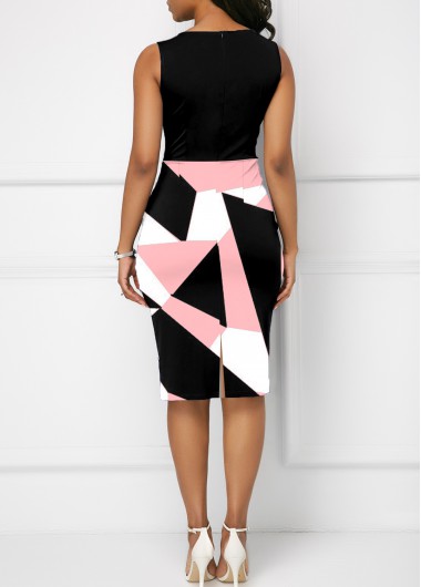 Multi Color dresses,Geometric dresses,ROTITA Geometric Print Round Neck Sleeveless Color Block Dress