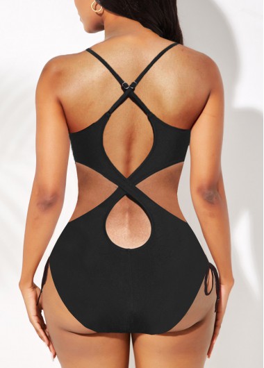 Black swimwear,Plain Color swimwear,ROTITA Cross Strap Cutout Black One Piece Swimwear